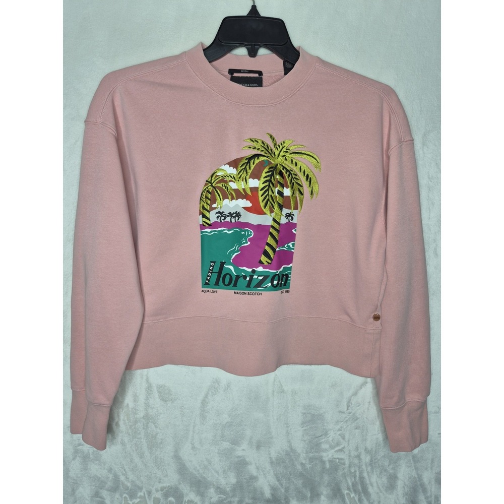 Scotch & Soda Maison Scotch Sunray Sweater Small Pink Embroidered Palm Trees
